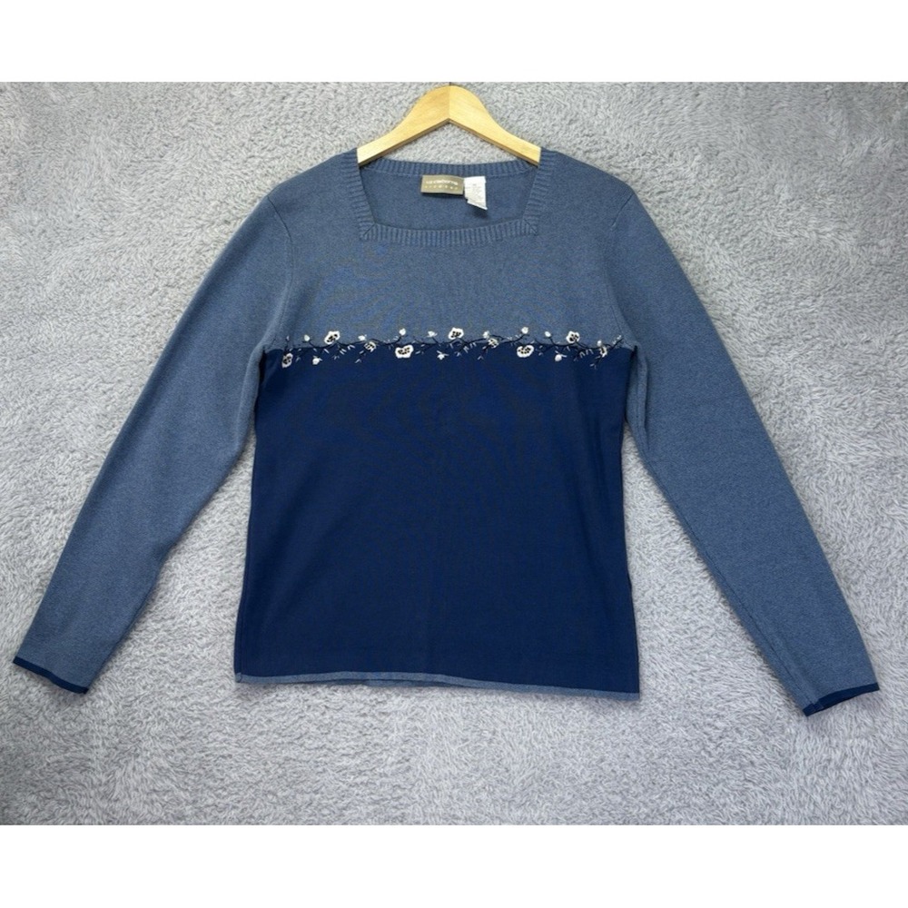 VTG 90s Liz Claiborne Womens M Blue 100% Cotton Sweater Floral Embroidered Knit